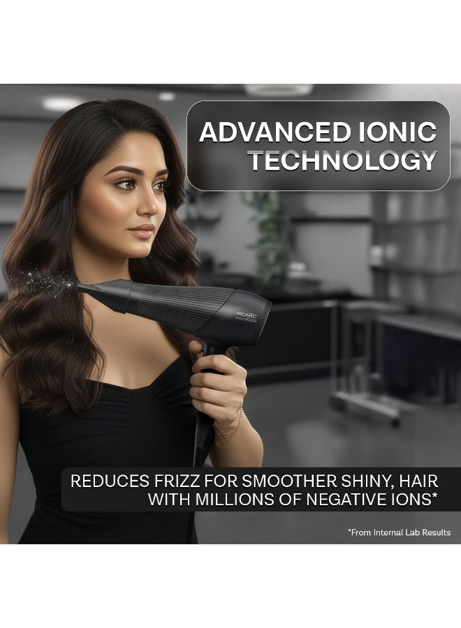 أي كونيك مجفف شعر Ikonic Pro 2200+، بقدرة 2200 واط مع محرك AC قوي، تقنية الأيونات، إعدادان للسرعة و3 إعدادات للحرارة، زر هواء بارد (Cool Shot)، مستوى ضوضاء منخفض، مزود بموزّع هواء وفوهة للتصفيف، مناسب للنساء والرجال، باللون الأسود، مناسب لجميع أنواع الشعر. - Image 3